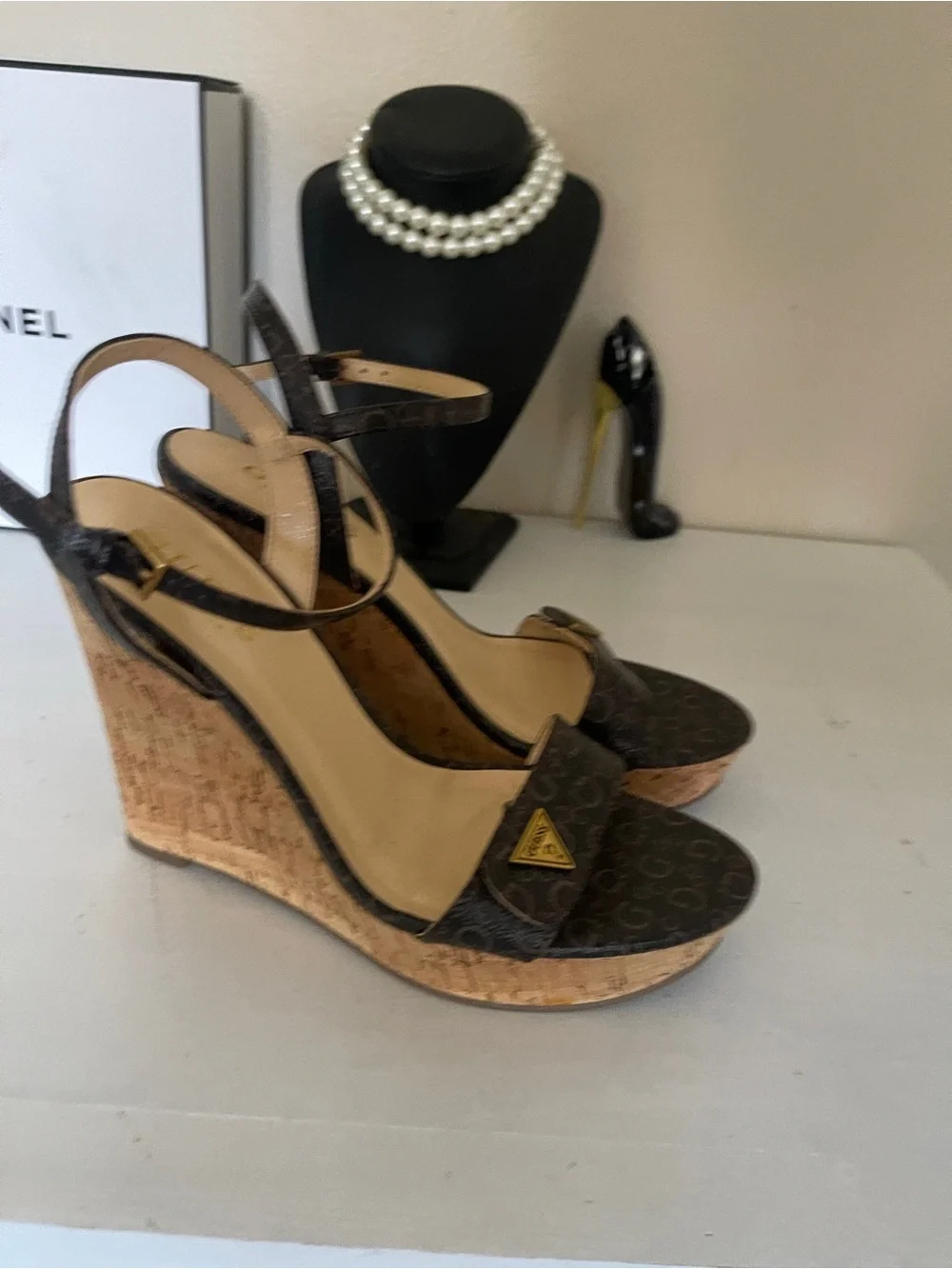 GUESS Brown Logo Cork Wedge Sandals with Ankle Strap